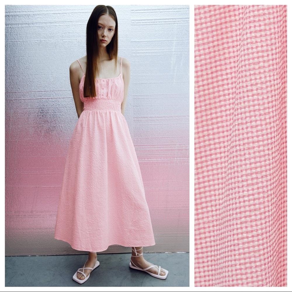 NWT. Zara Pink/White Gingham Midi Dress. Size XS.
